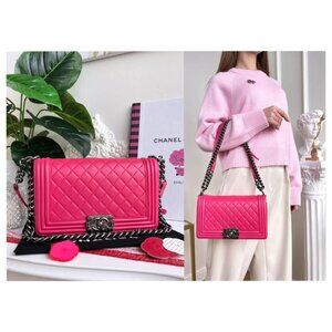 Authentic Chanel Old Boy Medium Lambskin Pink Quilted Crossbody Bag B0816